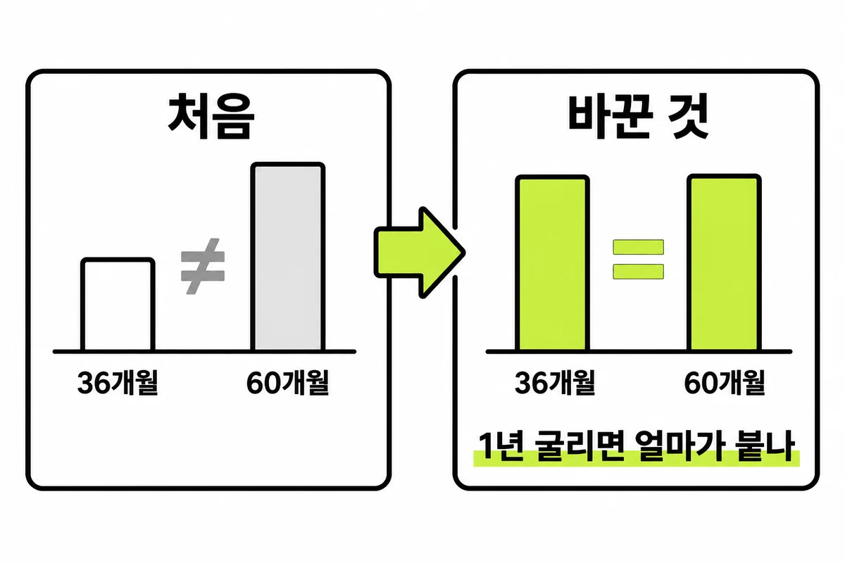 왼쪽 처음에는 36개월과 60개월 막대 높이가 달라 같지 않고, 오른쪽 바꾼 것에서는 두 막대가 같은 높이로 1년 굴리면 얼마가 붙나로 맞춘 비교 그림