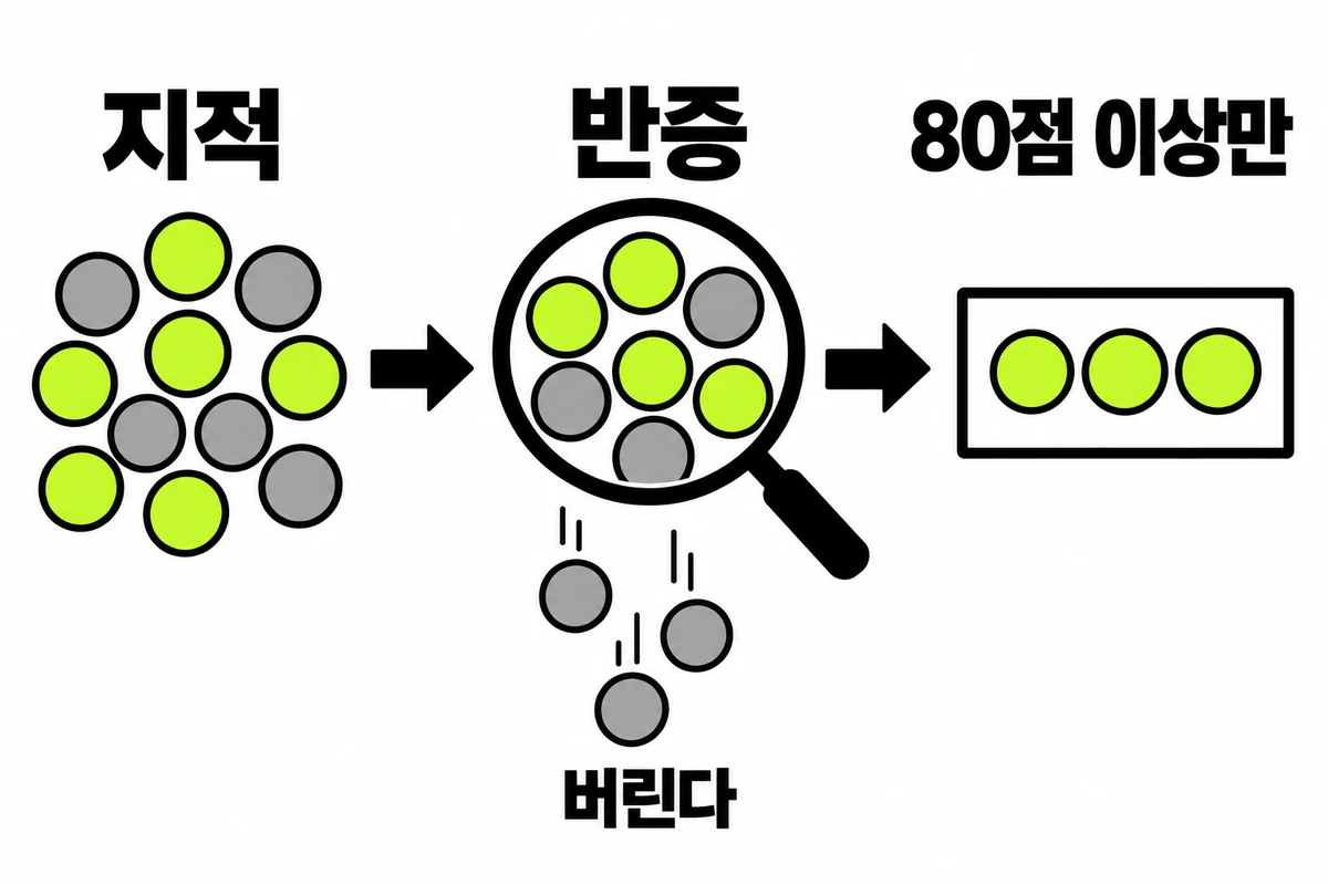 지적 여러 개가 반증을 거치며 회색 지적은 버려지고 80점 이상만 남는 깔때기 그림